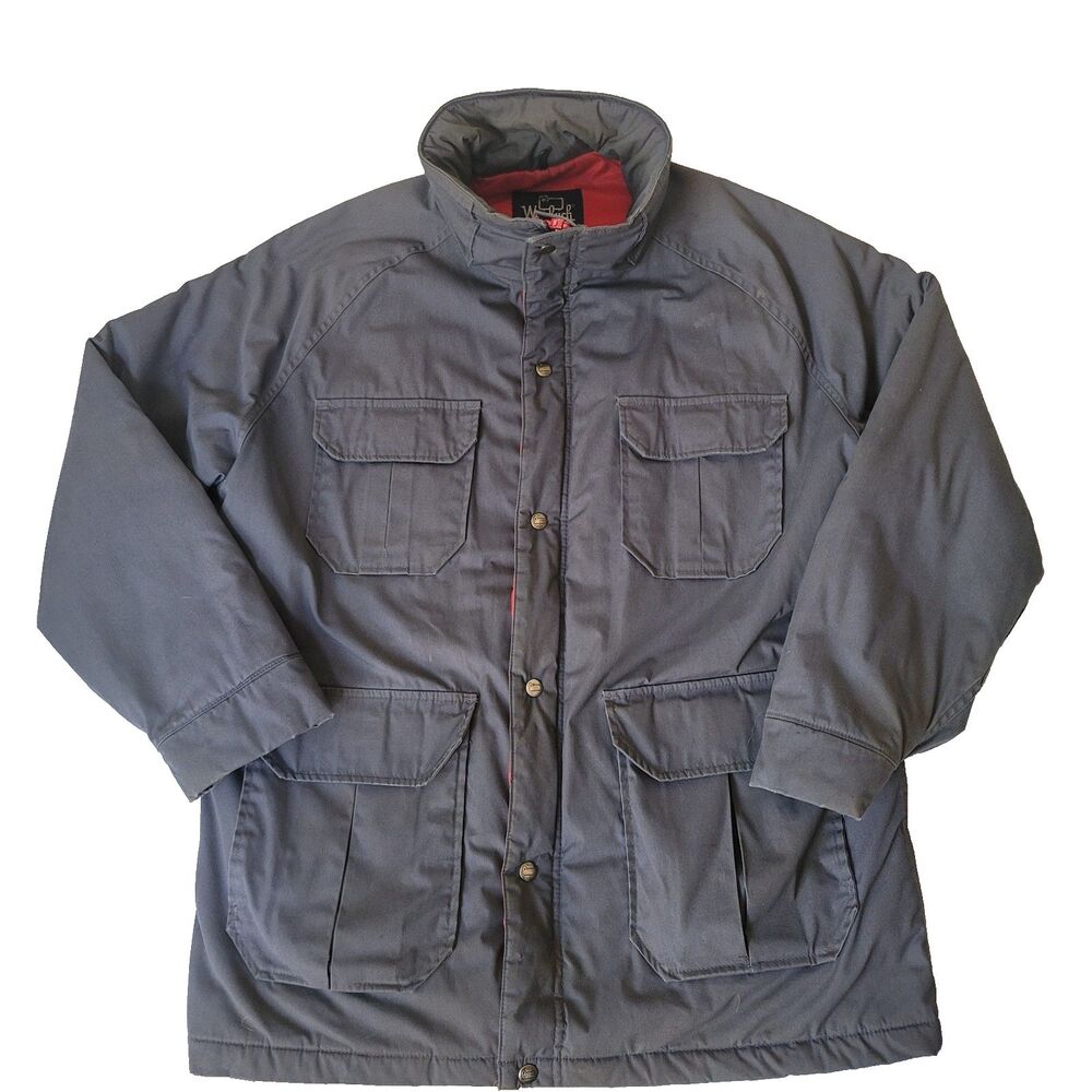Woolrich Jacket Mens Large Charcoal Made in USA Vintage Field Coat Red Lining